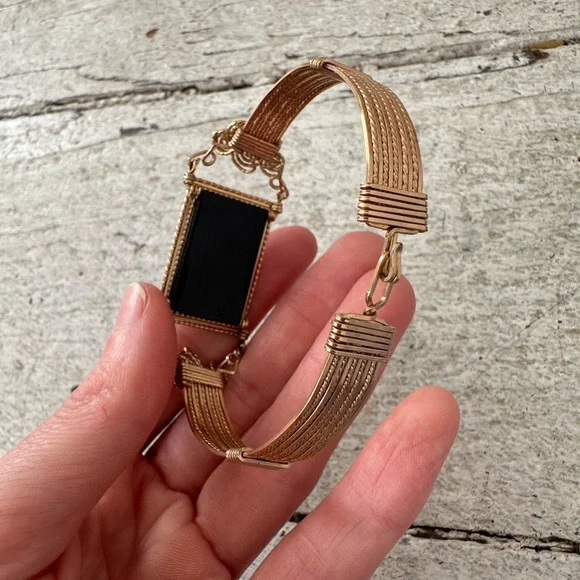 Antique Edwardian Era Gold Color Wire Work Black Cameo Bracelet - Picture 3 of 8